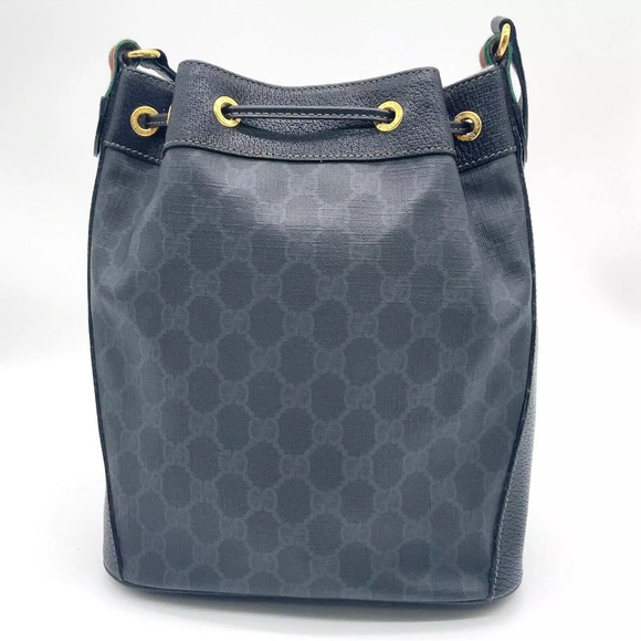 Auth WEEKEND DEAL GUCCI GG Sherry Line PVC Leather Black Drawstring Shoulder Bag - Picture 3 of 17